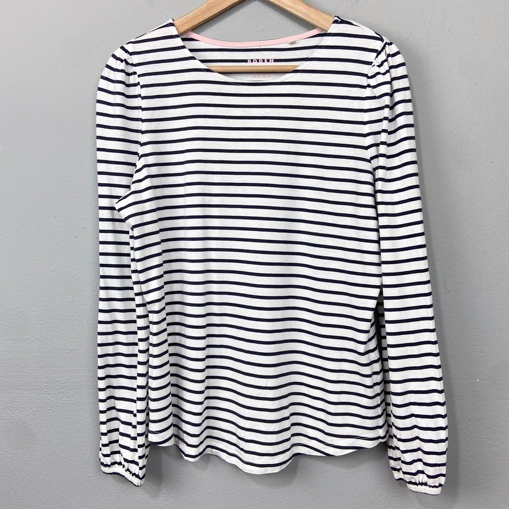 Boden‎ Striped Knit Top Womens Size 8 Black White Puff Sleeve Cotton Modal Tee
